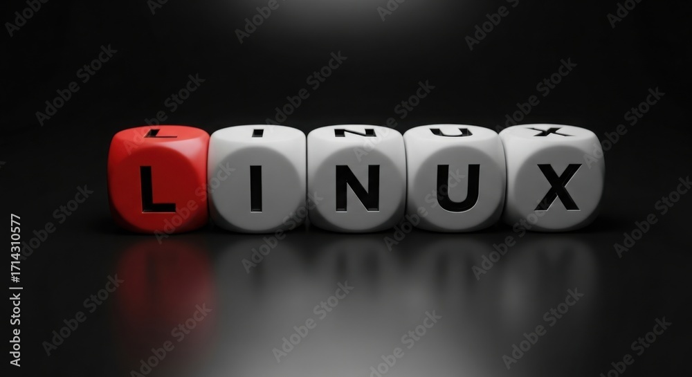 Obraz premium A close up of dice spelling out linux with a red die for the letter l on a black background