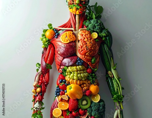 Human body made of fruits and veggies
