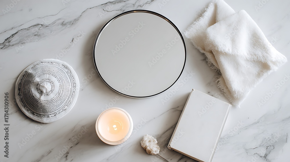 Fototapeta premium Overhead shot of a round mirror candle towel book and decorative bowl on a marble surface top view