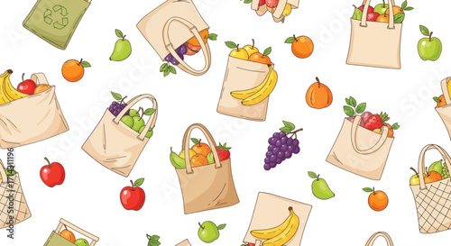 Illustrated seamless pattern of eco-friendly shopping bags filled with fresh colorful fruits.