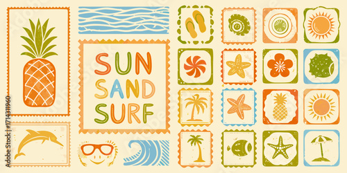 Collection of colorful retro style postage stamps featuring summer beach vacation themes and the words sun sand surf