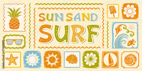 Fun summer vacation theme with sun sand surf text and beach icons