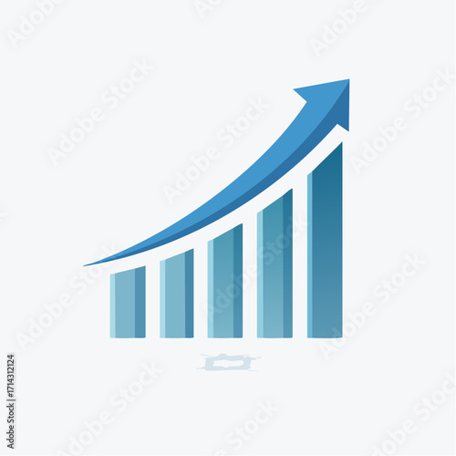Ascending Chart Visualizing Growth and Advancement with a Blue Arrow and Bar Graph