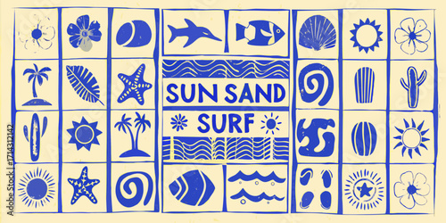 Retro summer beach vibes with sun sand surf text and tropical icons in blue and yellow