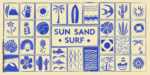 Wallpaper Mural Vibrant blue summer collage featuring sun sand surf text and tropical beach icons Torontodigital.ca