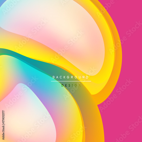 Abstract fluid shapes, vibrant colors blend. Pink backdrop complements yellow, turquoise layers. Modern design element.