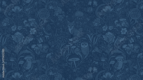 Dark blue vintage floral pattern with fox, owl, mushroom, and flower design