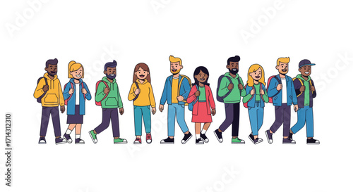 Diverse Group of Students Walking Together Wearing Backpacks and Casual Clothing.