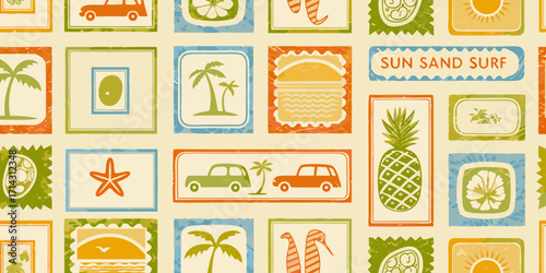 Retro summer vacation collage with palm trees cars sun starfish and tropical fruits