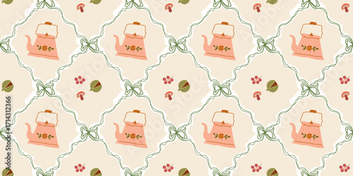 Autumn Seamless Pattern with Teapots, Acorns, Fall Leaves and Floral Elements for Fabric, Wallpaper, and Decor. Beige Whimsical Autumn Element Seamless Pattern Decorated Bows and Ribbon