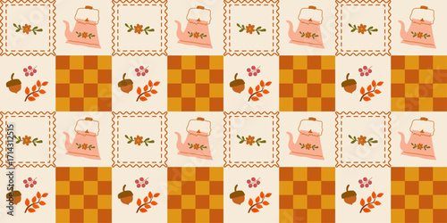 Vintage Autumn Seamless Pattern with Teapots, Acorns, Fall Leaves and Checkerboard Design for Fabric, Wallpaper, and Decor