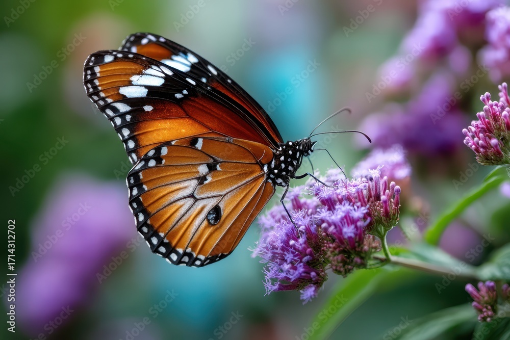 Fototapeta premium Monarch butterfly on purple flowers in garden