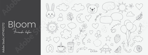 Bloom forever life artful assortment bunny sun cloud bear hearts leaves stars moon chat coffee strawberriy and nature