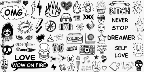 Diverse hand drawn doodle elements featuring skulls flames music and inspirational words