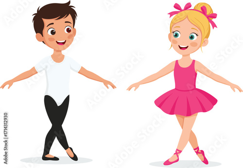 Cartoon children practicing ballet, elegant pose, pink leotard, classical dance, discipline, artistic movement, cheerful illustration, kids performance, graceful stance, expression