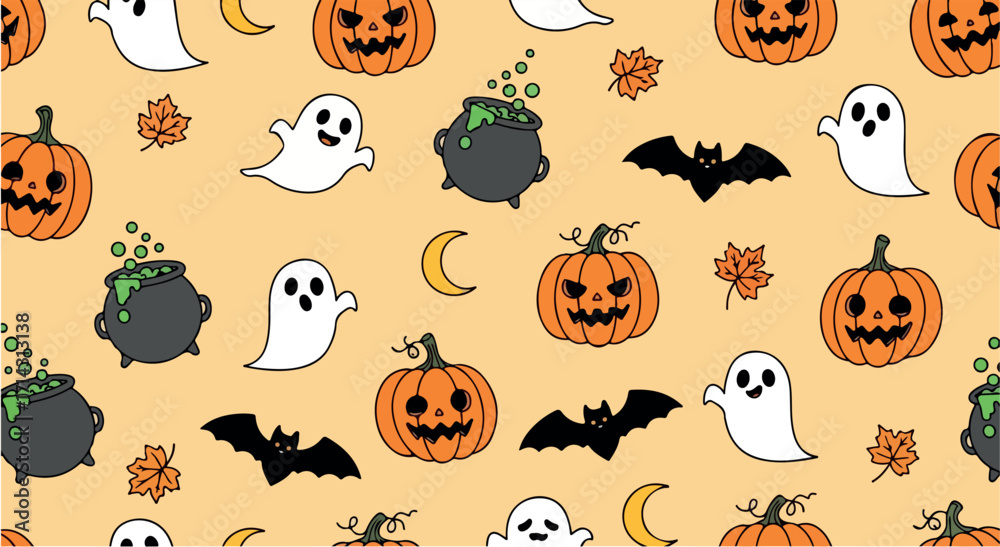 Fototapeta premium Cute Halloween Seamless Pattern with Ghosts, Pumpkins, Bats, and Cauldron on Orange Background.