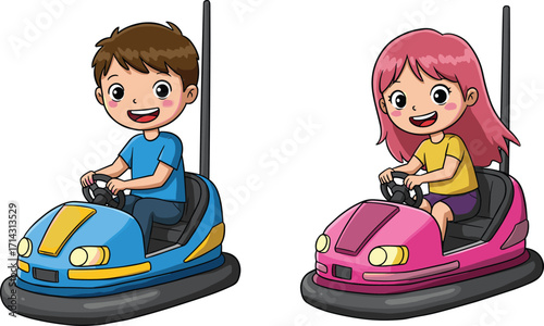 Cartoon children riding bumper cars, amusement park fun, smiling boy and girl, colorful vector illustration, playful activity, isolated white background