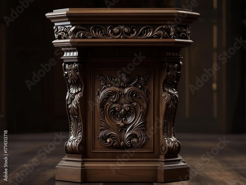 Ornate, dark wooden pedestal with intricate carvings, showcasing detailed craftsmanship.