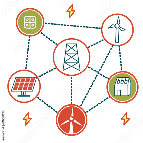 Illustration of a smart grid with renewable energy sources, including solar panels, wind turbines, and a power transmission tower