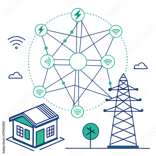 Illustration of a smart energy grid with wireless connectivity, houses, power lines, and cloud computing