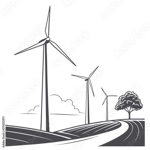 Monochrome illustration of wind turbines on a rolling hill with a tree and cloud, representing clean energy and environmental consciousness