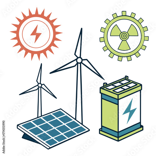 Illustration of various energy sources, including wind turbines, solar panels, battery, and nuclear energy, representing different approaches to power generation