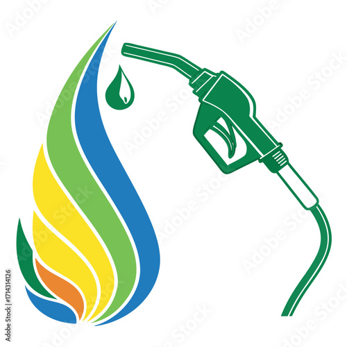 Illustration of a fuel pump nozzle with a colorful drop of liquid, representing gasoline or petroleum, , symbolizing energy and transportation
