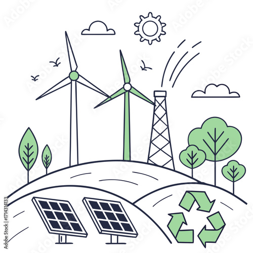 Illustration depicting renewable energy sources such as solar panels, wind turbines, and recycling symbol, showcasing a commitment to sustainability and environmental protection