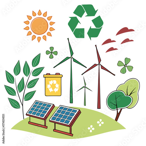Illustration depicting renewable energy sources such as solar panels, wind turbines, and recycling symbol, showcasing a commitment to sustainability and environmental protection
