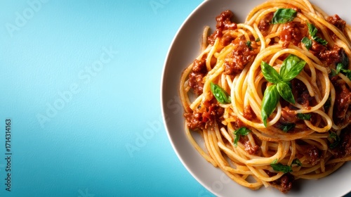 A traditional spaghetti Bolognese, elegantly plated with rich sauce, fresh basil, and a warm, inviting atmosphere, ideal for representing comfort food at its best.