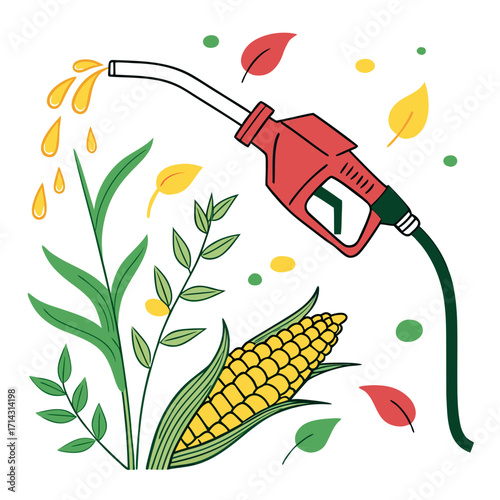 Illustration of a fuel nozzle pumping into corn stalks, representing biofuel and renewable energy sources, promoting sustainability