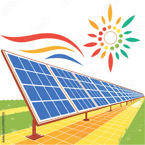 Illustration of a solar panel array with sun and wind the panels are blue and the sun is multicolored