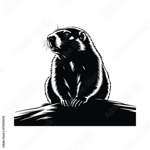 Illustration of a Groundhog Marmot sitting on a mound in black and white