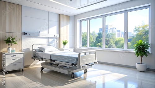 Bright, airy hospital room with a bed, large window overlooking a green, lush landscape, and simple, clean decor