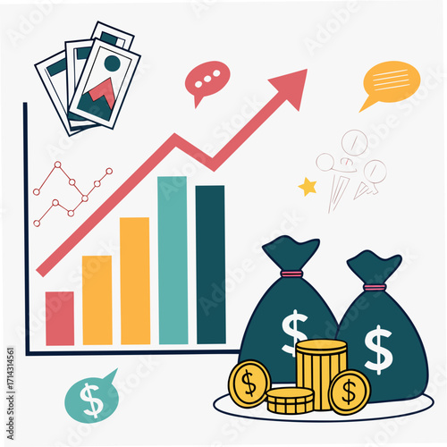 Financial growth chart showing an upward trend with money bags and coins, depicts business success and investment returns