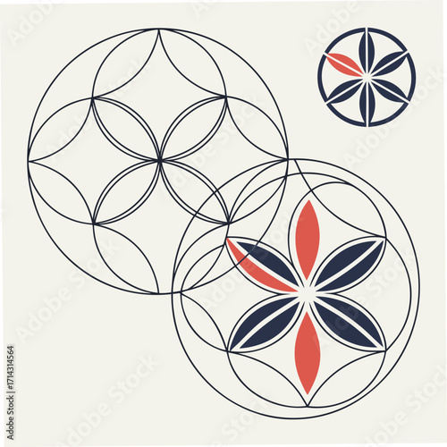 Geometric flower of life pattern, a harmonious blend of sacred geometry and minimalist design, creating a visually captivating and spiritually resonant image