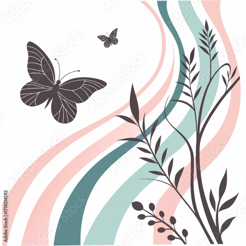 Graceful butterflies flutter amidst delicate foliage and pastel waves, creating a serene and whimsical scene perfect for adding a touch of nature and tranquility to any design