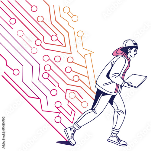 Illustration of a young man walking with a tablet against the background of a microcircuit concept of technology, science and innovation