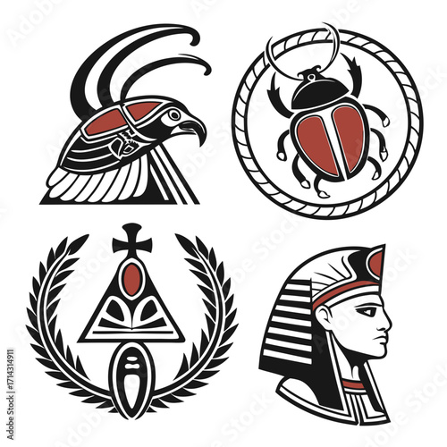 Collection of ancient egyptian symbols, including horus, scarab beetle, ankh, and pharaoh, representing mythology, spirituality, and cultural heritage