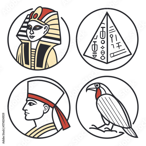 Four ancient egyptian symbols pharaoh, pyramid, scribe, and ibis, representing history, mythology, and culture in a circular frame