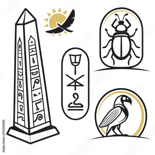 Five ancient egyptian symbols obelisk, sun with bird, scarab beetle, cartouche, and ibis, representing history, mythology, and culture