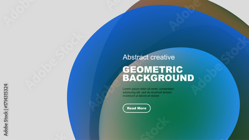 Abstract design features overlapping colorful circles. Text reads Geometric Background with sample text, plus button. Minimalist style.