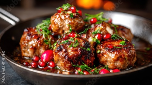A tantalizing close-up of glazed meatballs, beautifully garnished with fresh cherries and herbs, highlighting culinary creativity and artistic presentation.