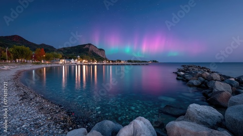 Scenic Night View of Purple and Green Aurora Borealis Over Calm Lake with Rocky Shoreline Trees and Distant City Lights