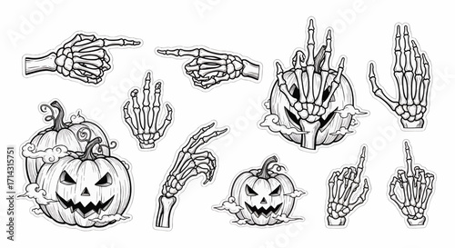 Spooky Halloween illustrations of skeleton hands and jack-o'-lanterns.