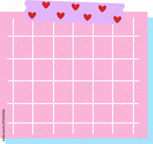 cute valentines blank grid memo note with heart pattern tape school office supply vector cartoon illustration
