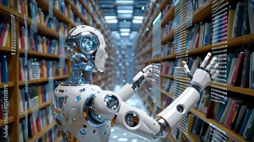 Robot explores a vast library and examines the books during the afternoon hours