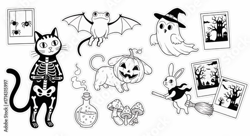 Halloween-themed graphic design elements featuring cats, bats, ghosts, pumpkins, and other spooky imagery.