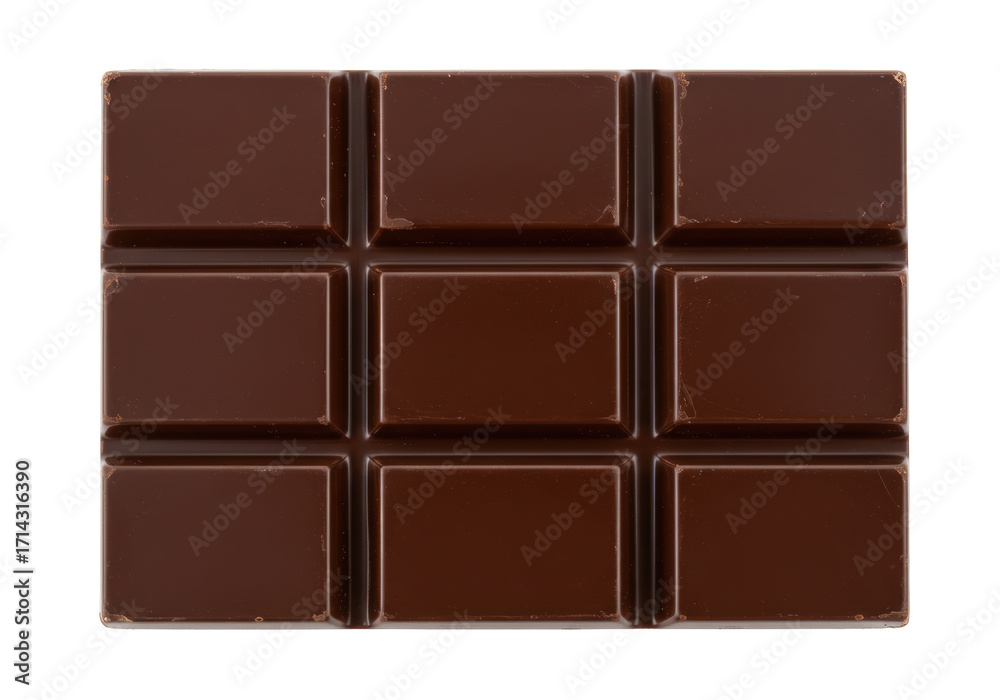 Fototapeta premium Isolated bar of dark chocolate on a surface, simple dessert or snack treat, flat-lay style