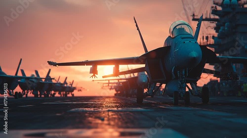 Fighter jets prepare for takeoff at sunset on an aircraft carrier in the ocean horizon